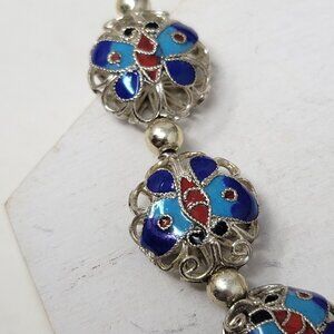 Vintage Silver-Tone Enamel Butterfly Loose Beads With Blue & Red Accents 20mm